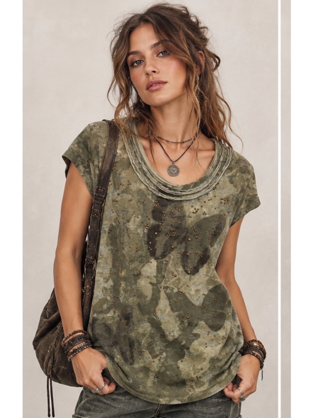 Ruff Hewn Olive Green Y2K Butterfly Earthy Studded Tee Large